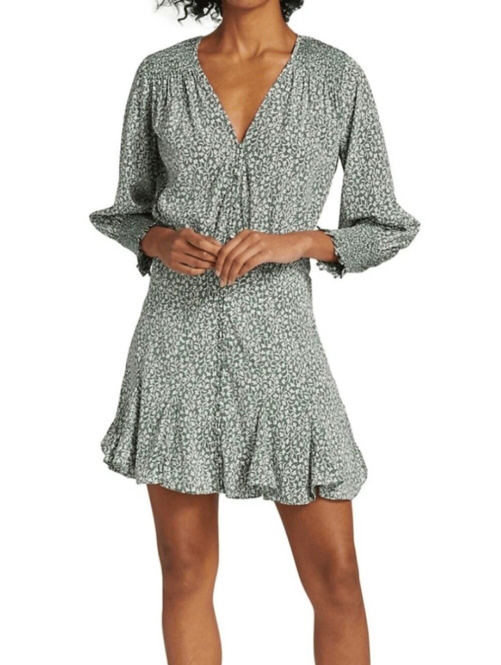 Veronica Beard Desio Forest Green Floral Silk Mini Dress Smocked Ruffle Size 4